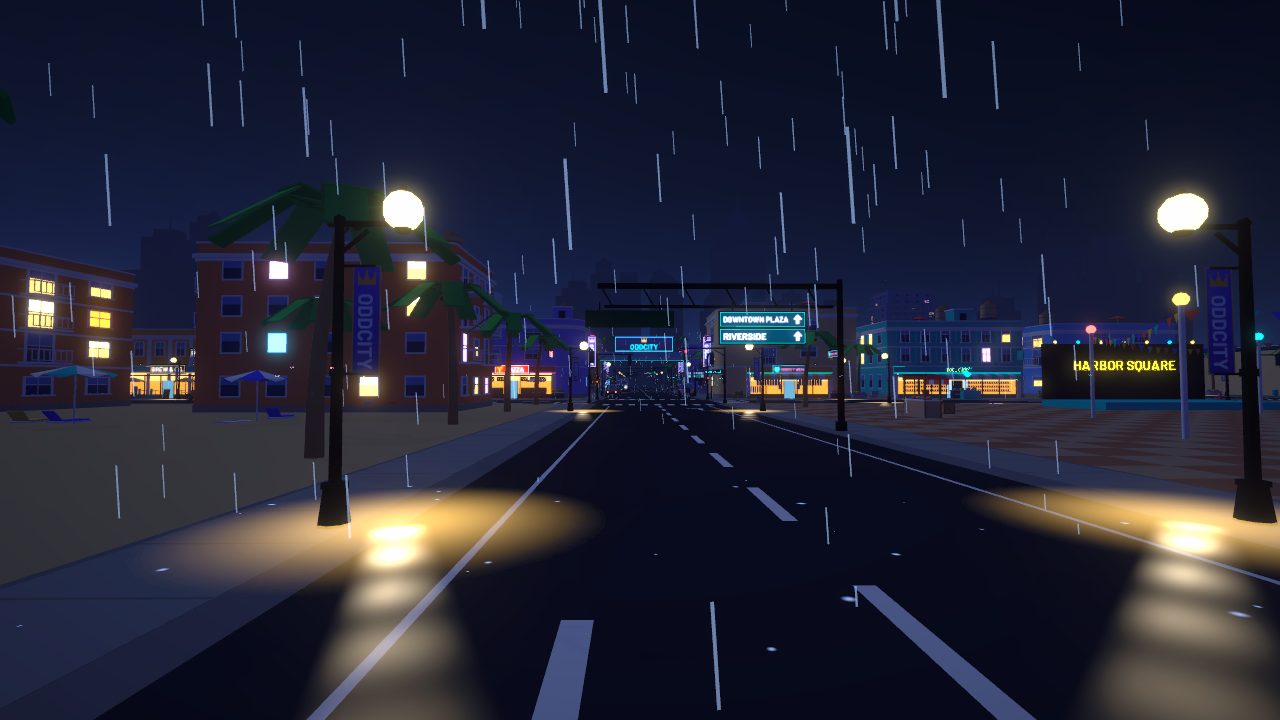 Downtown at night in the rain